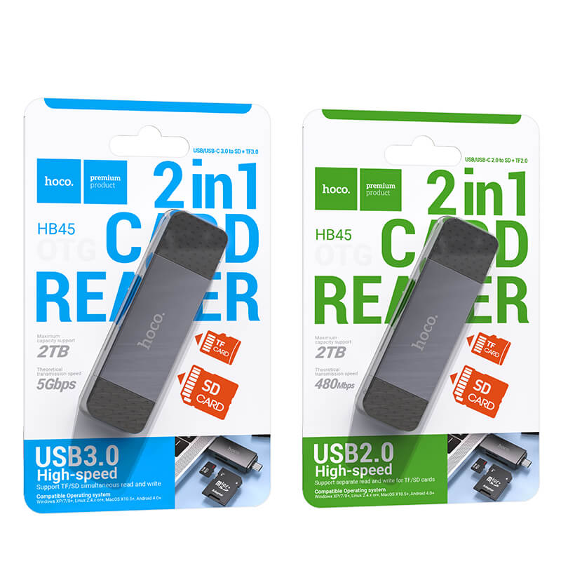hoco. Dual-Port Memory Card Reader USB-C & USB-A for SD/TF Cards HB45