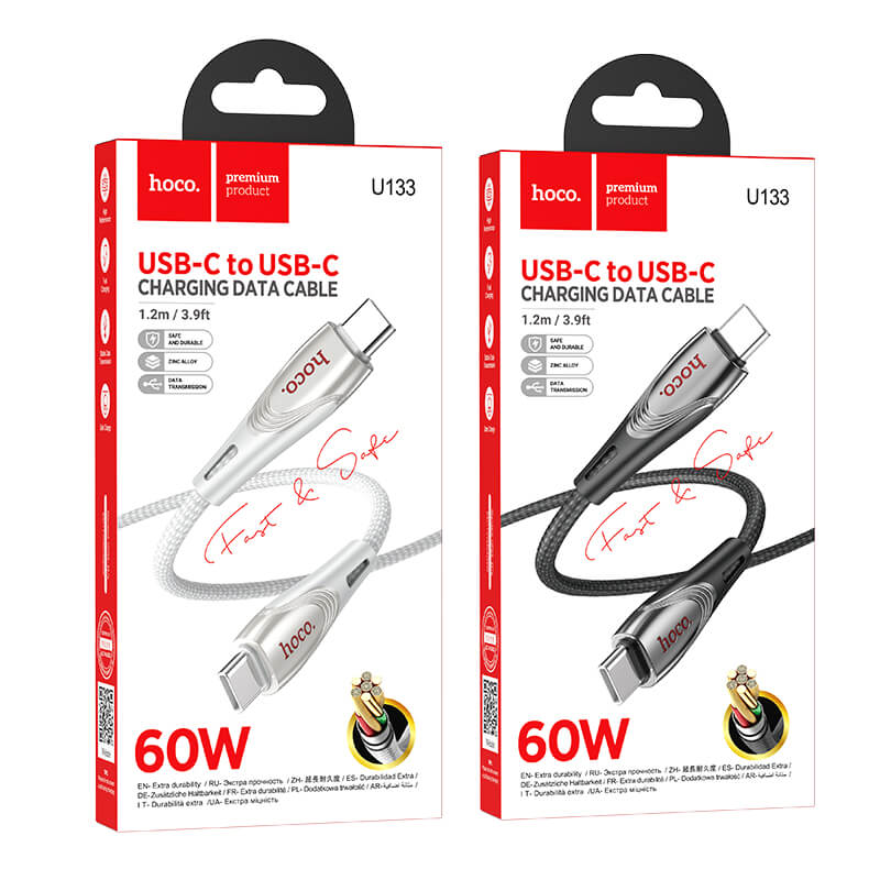 Hoco Nylon Braided Type-C to Type-C 60W Fast Charging Data Cable 1.2m U133