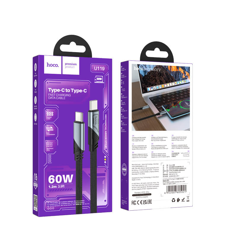 hoco Braided Type-C to Type-C 60W Fast Charging Data Cable 1.2m U119