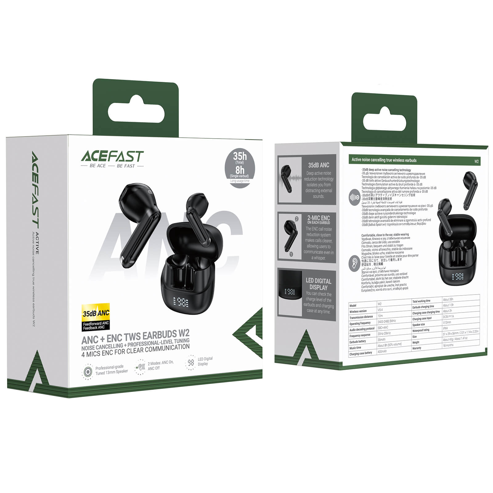 Acefast ANC 35dB Noise Cancelling Wireless Earbuds 8H Playback W2