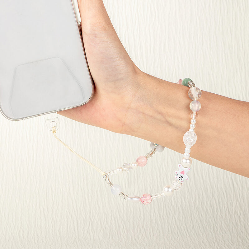 Mobie Bear Charm Pearl Bead Phone Strap Anti Drop Wrist Lanyard 19cm