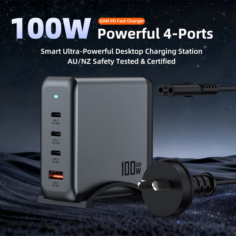 VFAN PD 100W 4 in 1 GaN Fast Charger Station with 1.2m AC Power Cord AU9