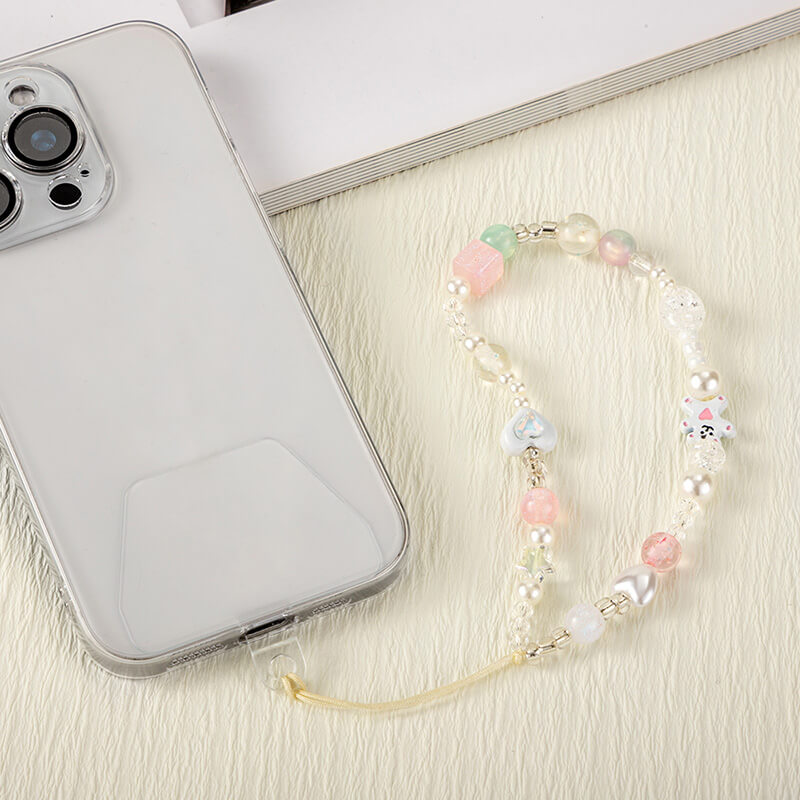 Mobie Bear Charm Pearl Bead Phone Strap Anti Drop Wrist Lanyard 19cm