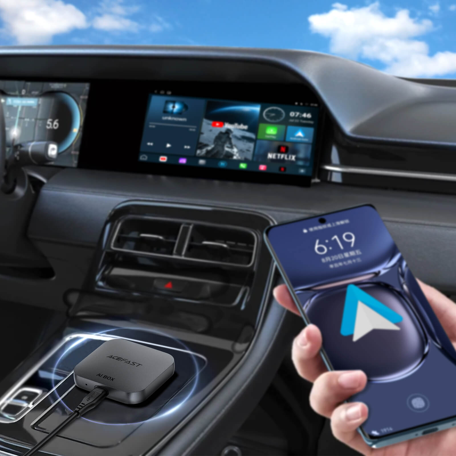 Acefast Wireless CarPlay Android Auto Adapter with Streaming Apps QC2