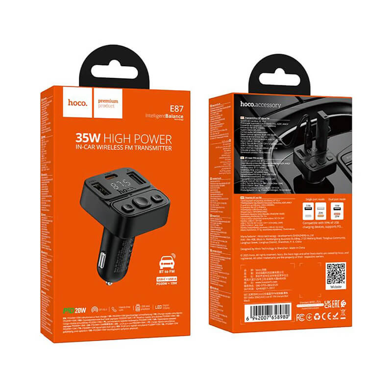 Hoco 35W Dual Port Fast Car Charger with Bluetooth FM Transmitter E87