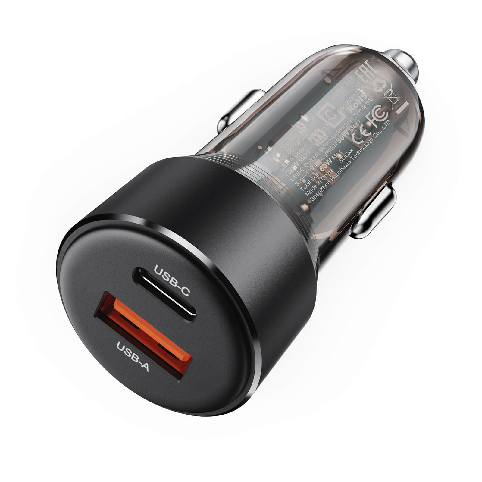Acefast Dual Charging USB-A & Type-C Transparent Fast Car Charger 30W B12