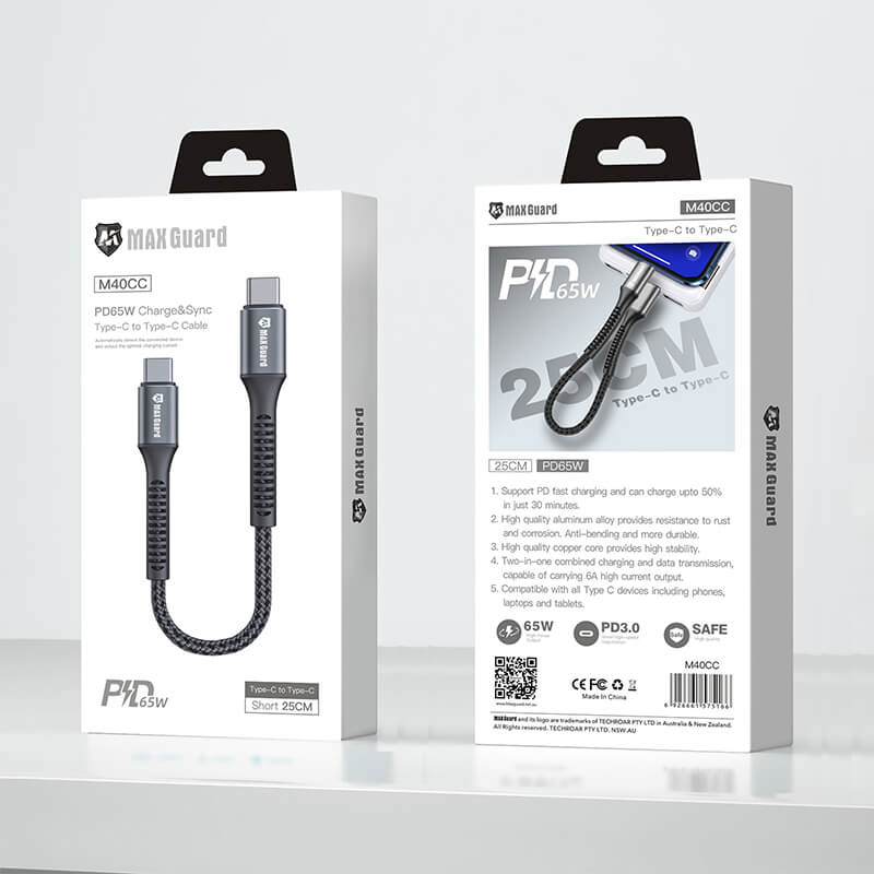 Maxguard Type-C to Type-C PD 65W Braided Fast Charging Cable 25cm