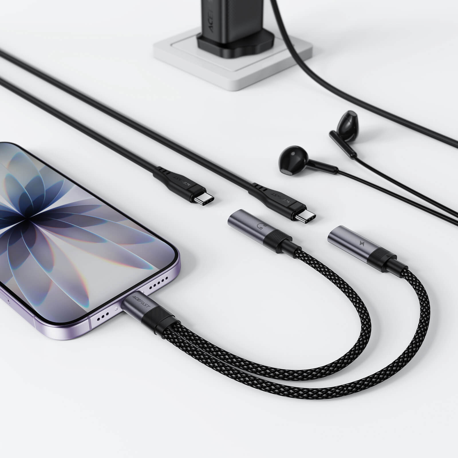 Acefast USB-C Dual Port Adapter for Simultaneous Charging and Earphone Use J14