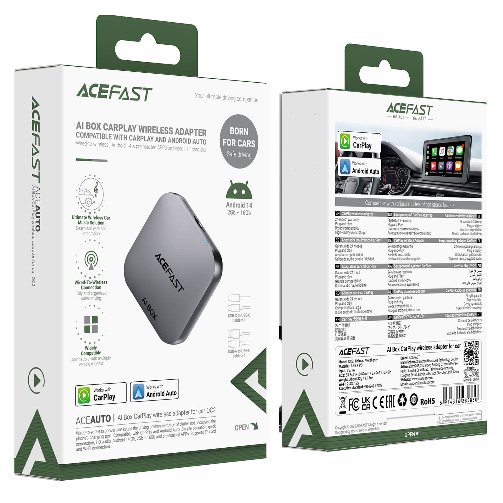 Acefast Wireless CarPlay Android Auto Adapter with Streaming Apps QC2