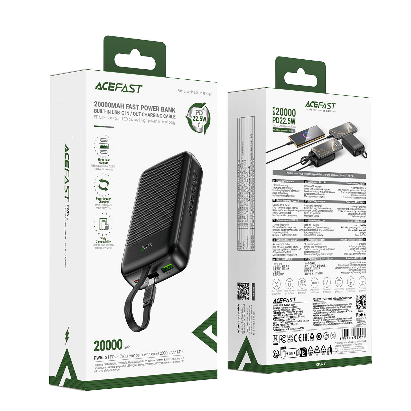 Acefast 20000mAh PD 22.5W Fast Charging Power Bank with Built-in Type-C Cable M14