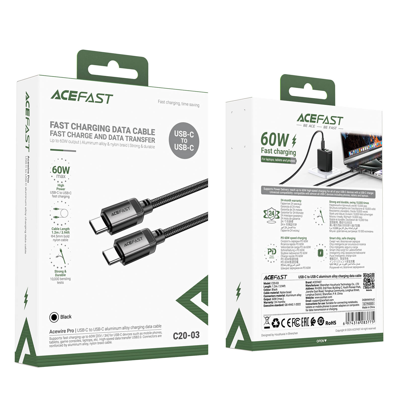 Acefast 60W Fast Charge Data USB-C to USB-C Aluminum Alloy Cable 1.2m C20-03
