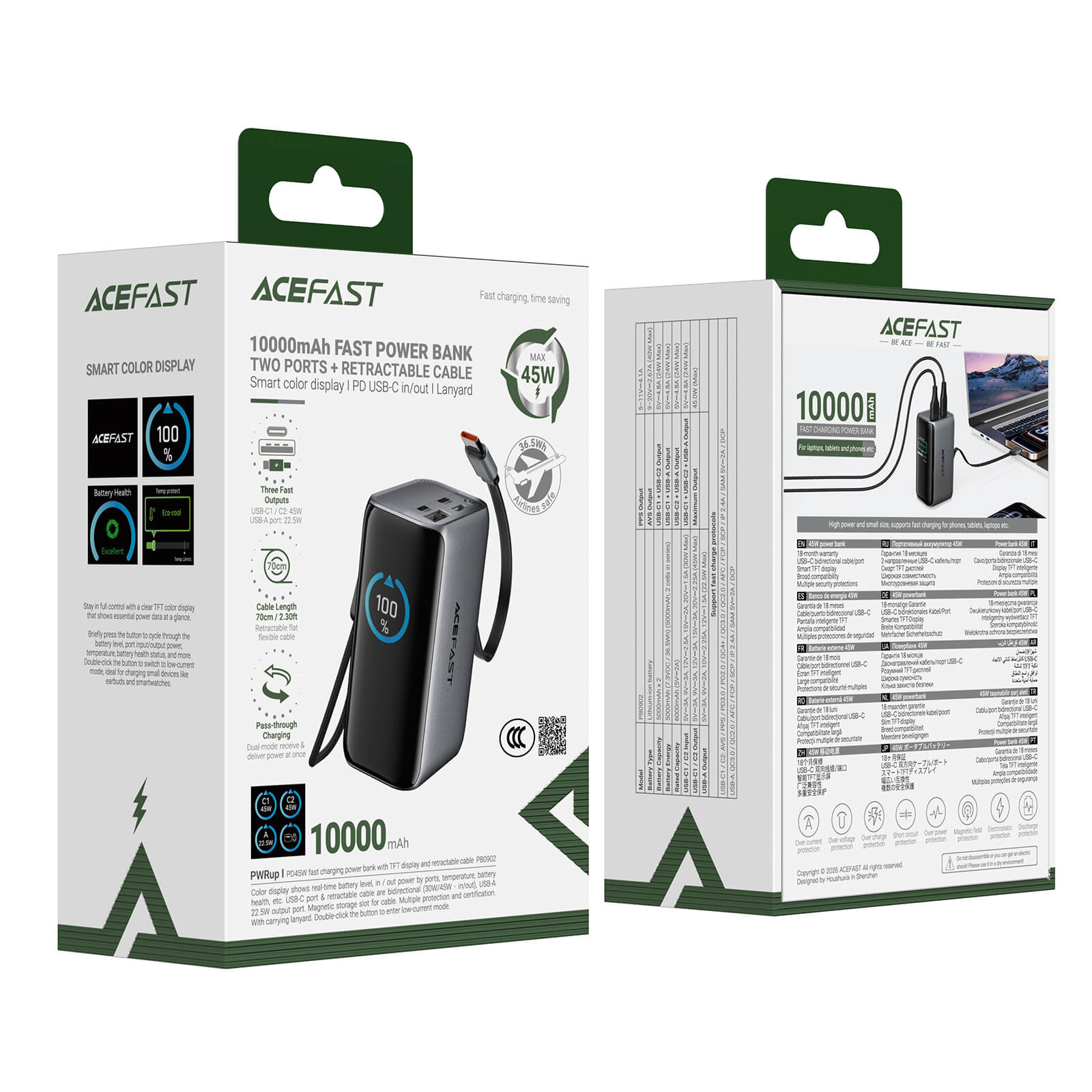 Acefast 10000mAh 45W Power Bank with Retractable Cable and TFT Display M37