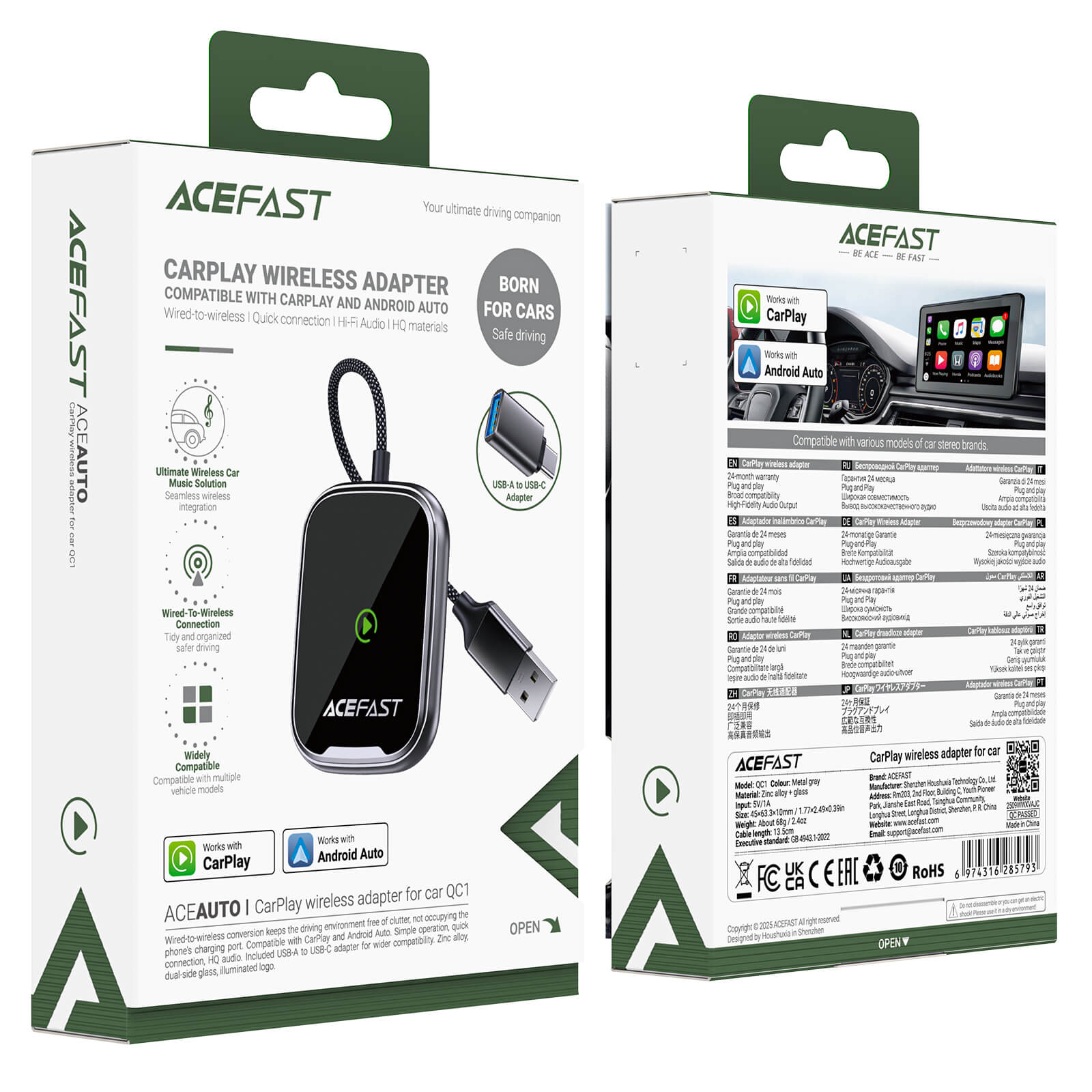 Acefast Wireless CarPlay Android Auto Adapter with USB-A Plug and USB-C Adapter QC1