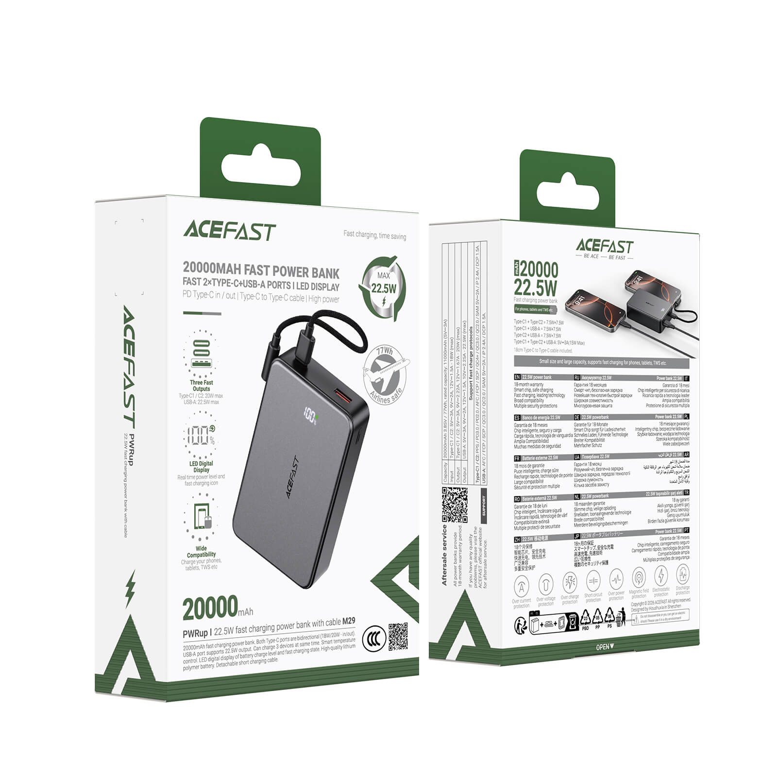 Acefast PD22.5W 20000mAh Power Bank with Built-in Cable Air Travel Approved M29