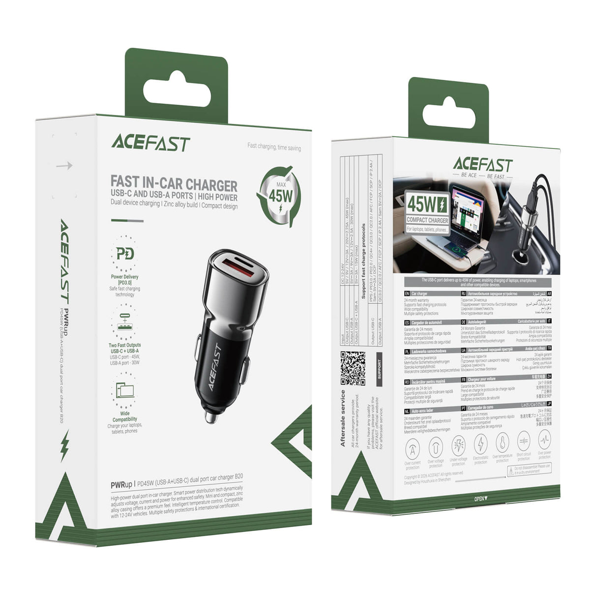 Acefast PD 45W USB-C USB-A Dual Port Car Charger B20