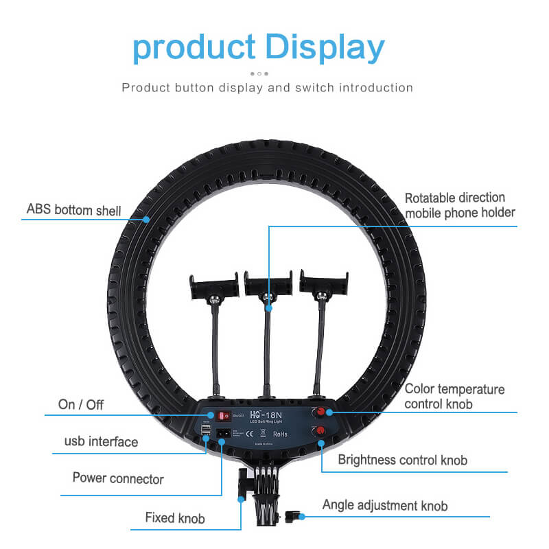 HQ 18 inch(46cm) LED Soft Ring Light with 1.9M Tripod Stand & 3 Phone Holders