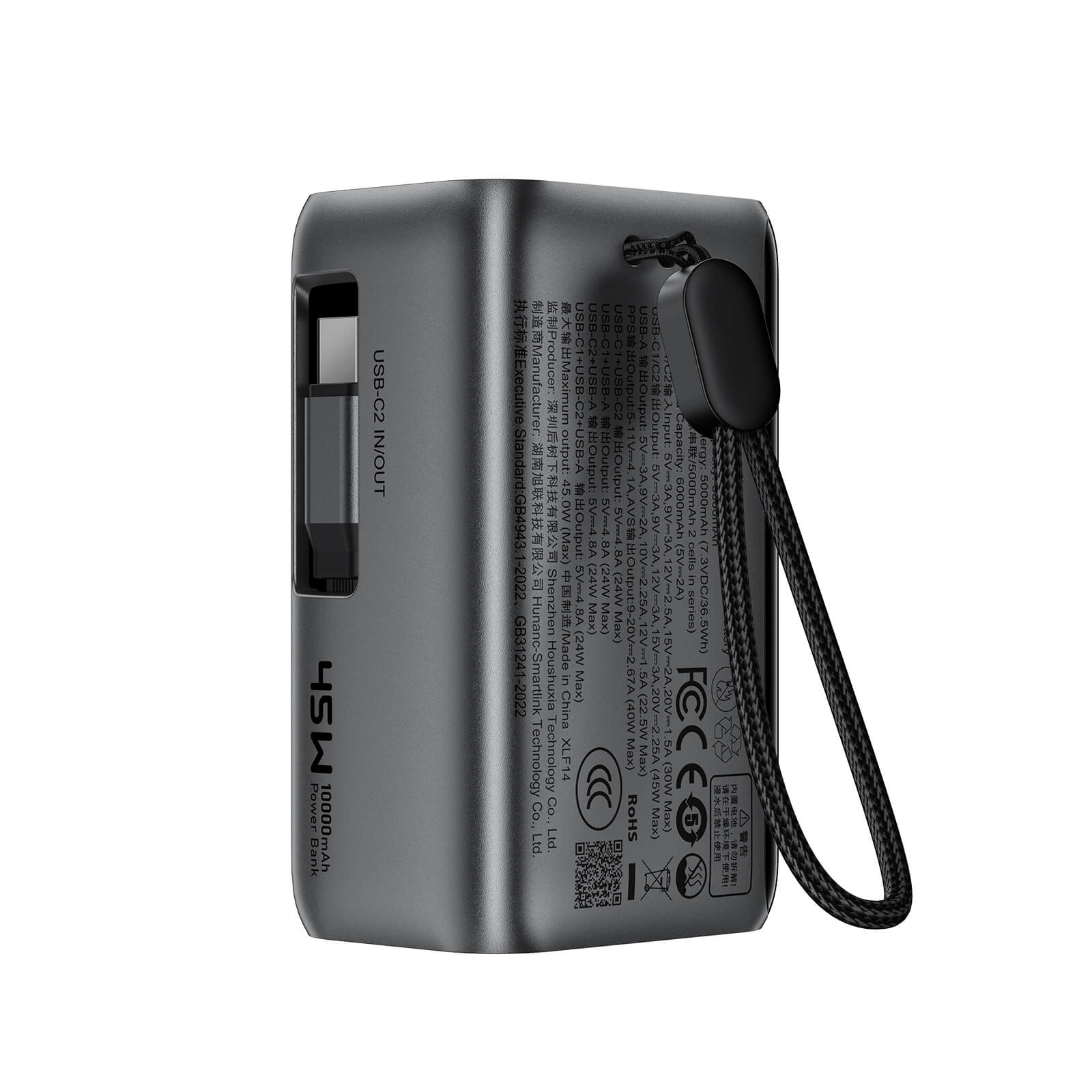 Acefast 10000mAh 45W Power Bank with Retractable Cable and TFT Display M37