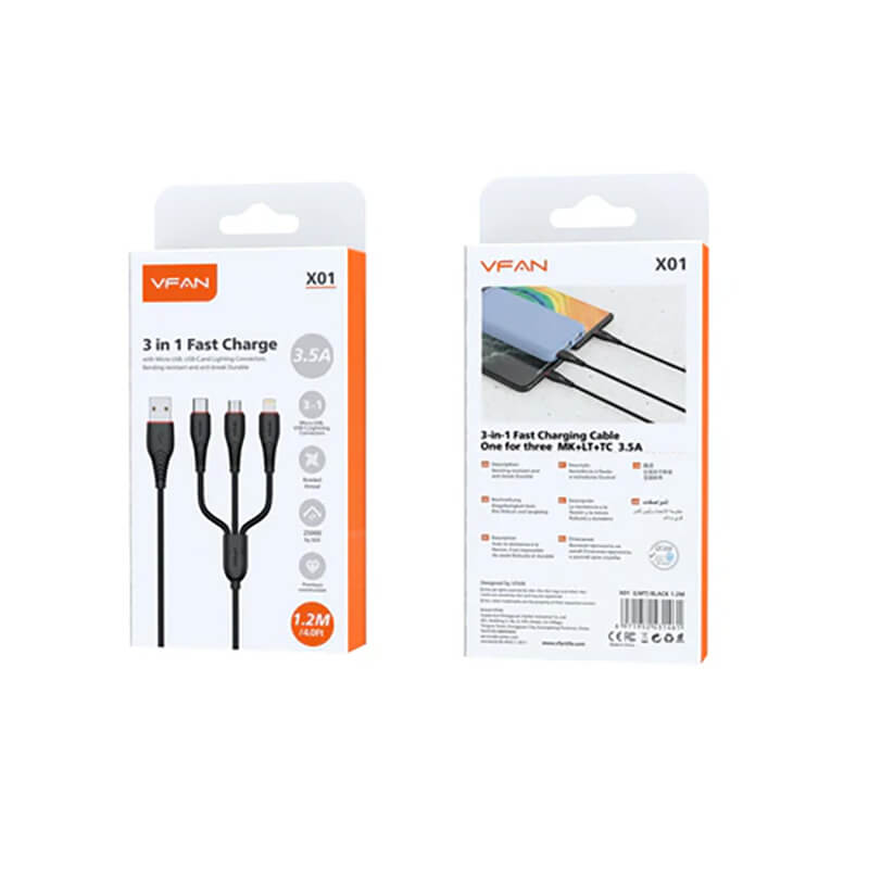 VFAN 3 in 1 USB to Micro Type-C Lightning Charging Data Cable 1.2m X1