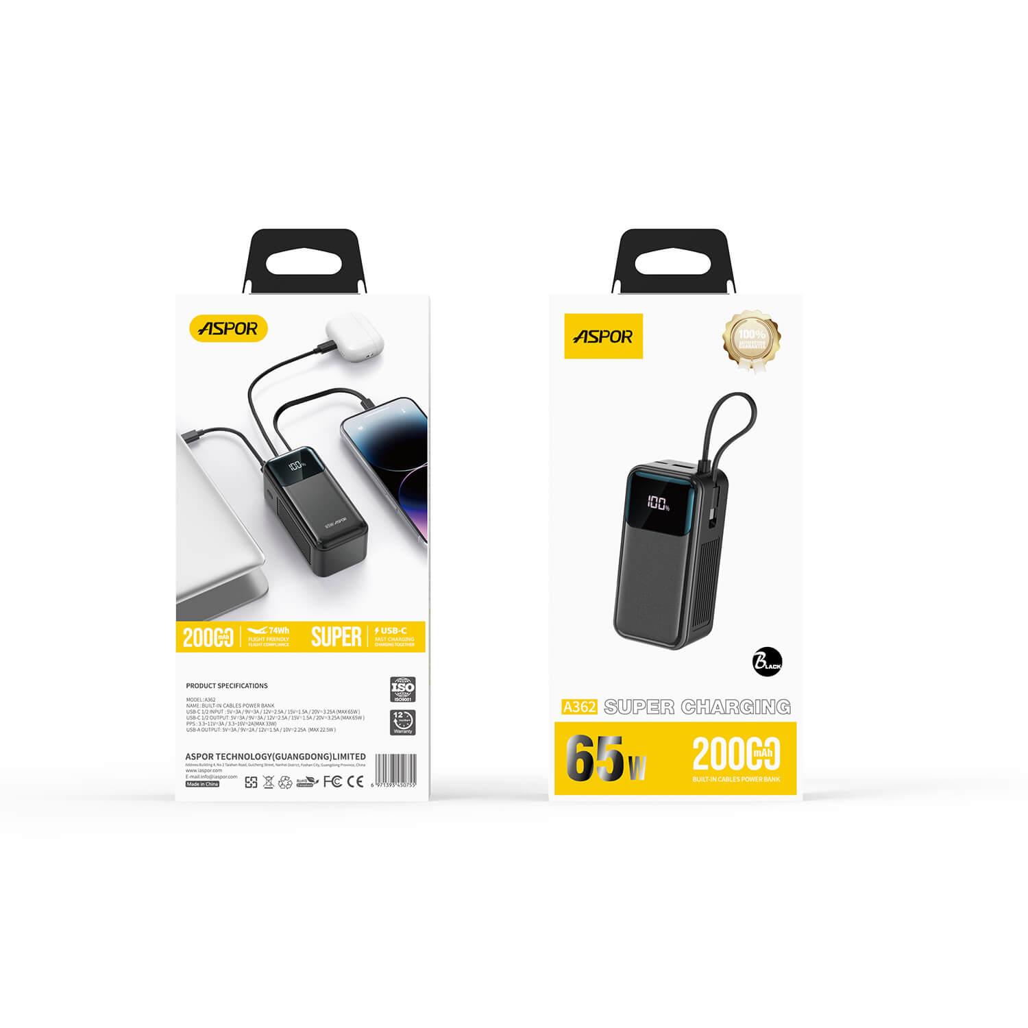 Mobie 65W Built-in USB-C Cable Triple Ports 20000mAh Power Bank A362