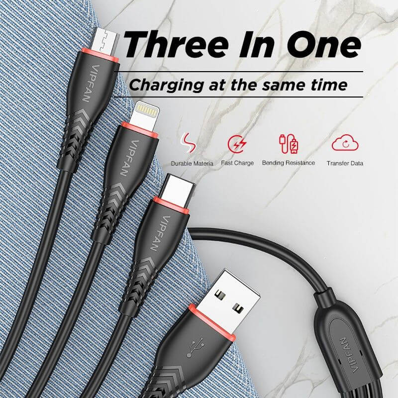 VFAN 3 in 1 USB to Micro Type-C Lightning Charging Data Cable 1.2m X1