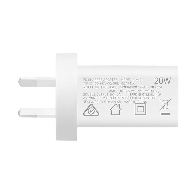 Momax 20W QC3.0+USB-C PD Wall Charger Dual Output USB-C PD & USB-A UM13