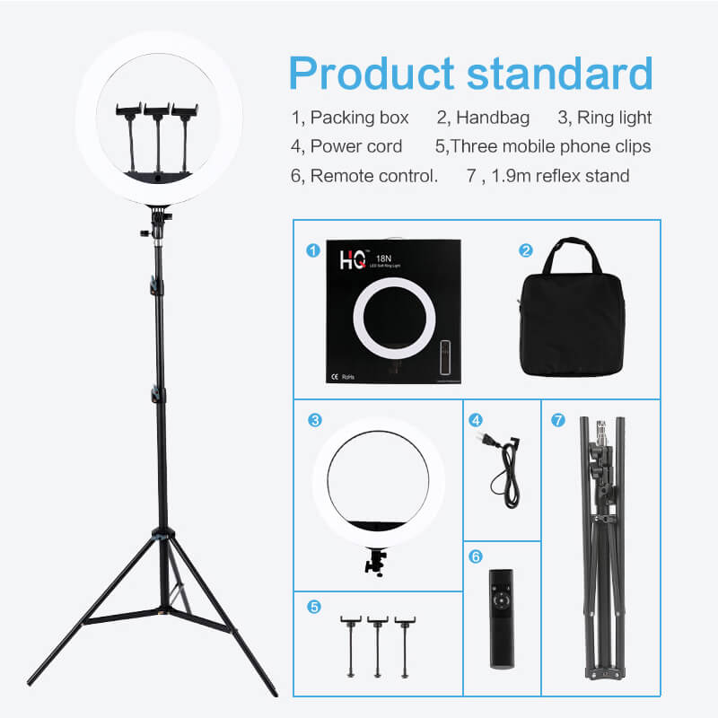 HQ 18 inch(46cm) LED Soft Ring Light with 1.9M Tripod Stand & 3 Phone Holders