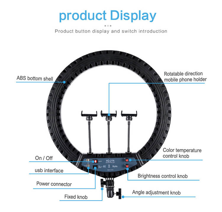 HQ 21 inch 53cm LED Soft Ring Light with 1.9M Tripod Stand 3 Phone Holders