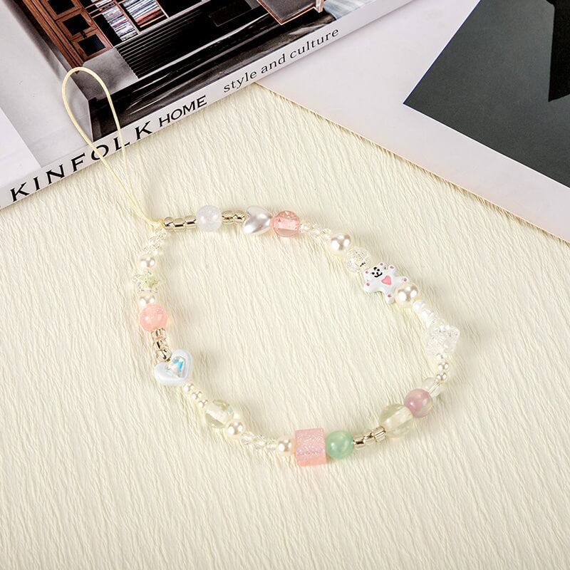 Mobie Bear Charm Pearl Bead Phone Strap Anti Drop Wrist Lanyard 19cm