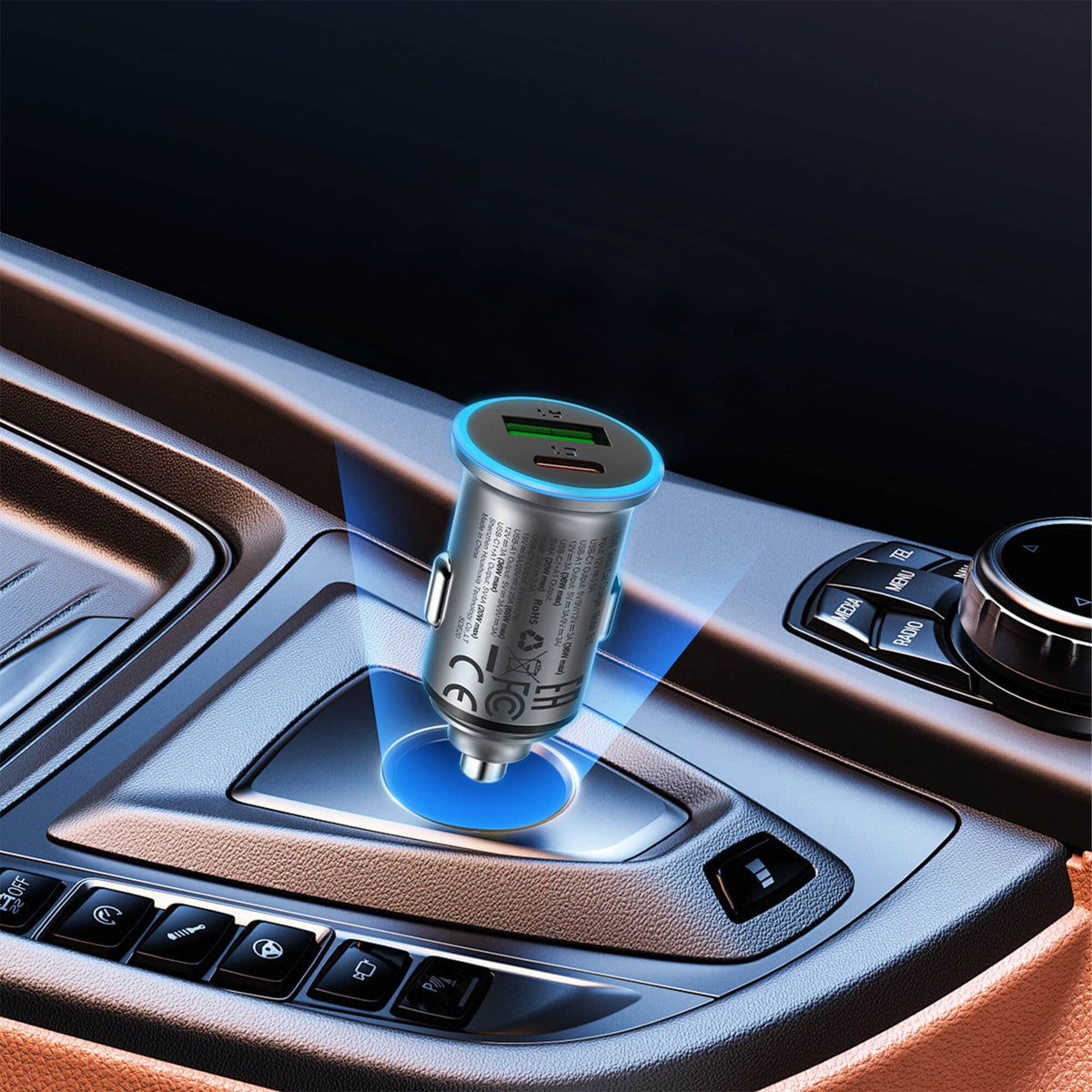 Acefast PD 65W USB-A & Type-C Fast Car Charger with LED Ring Light B15