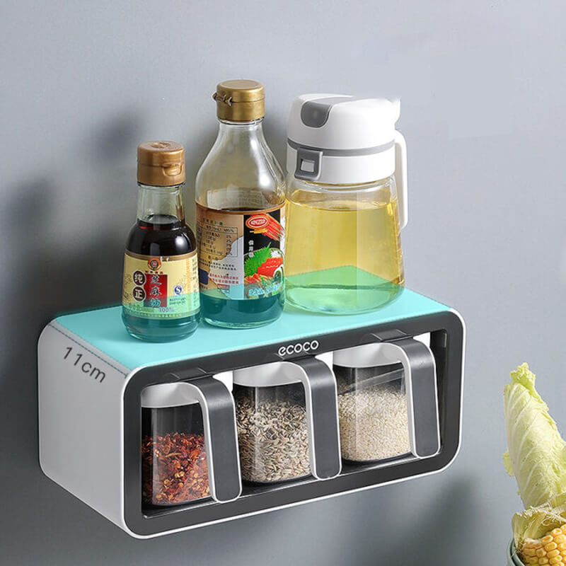 Mobie Wall Mounted Spice Organizer with Sealed Containers and Spoons E2007