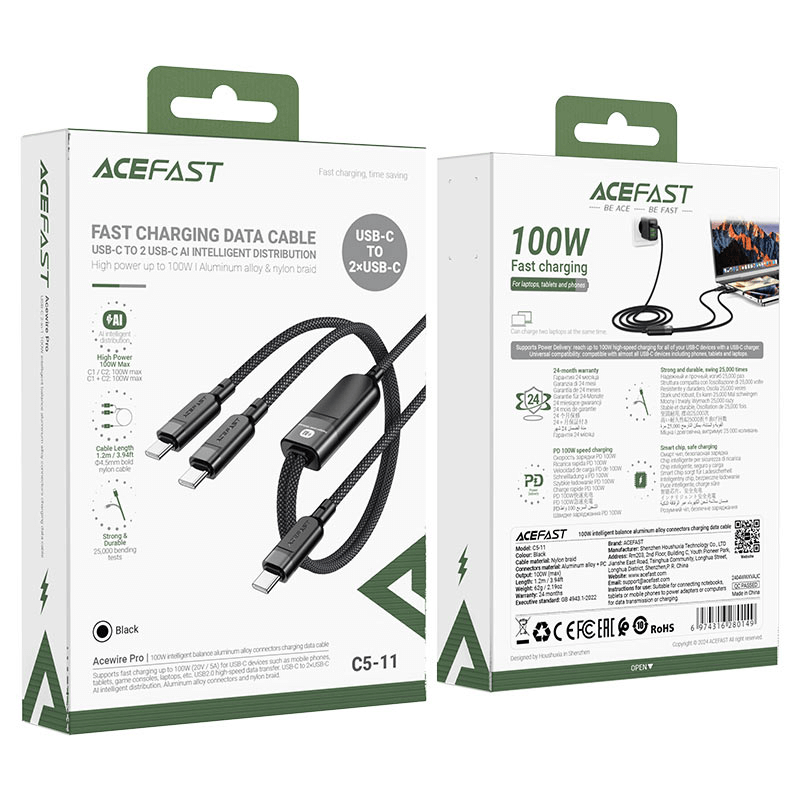 Acefast 2 in 1 100W Type-C Fast Charging Data Cable C5-11