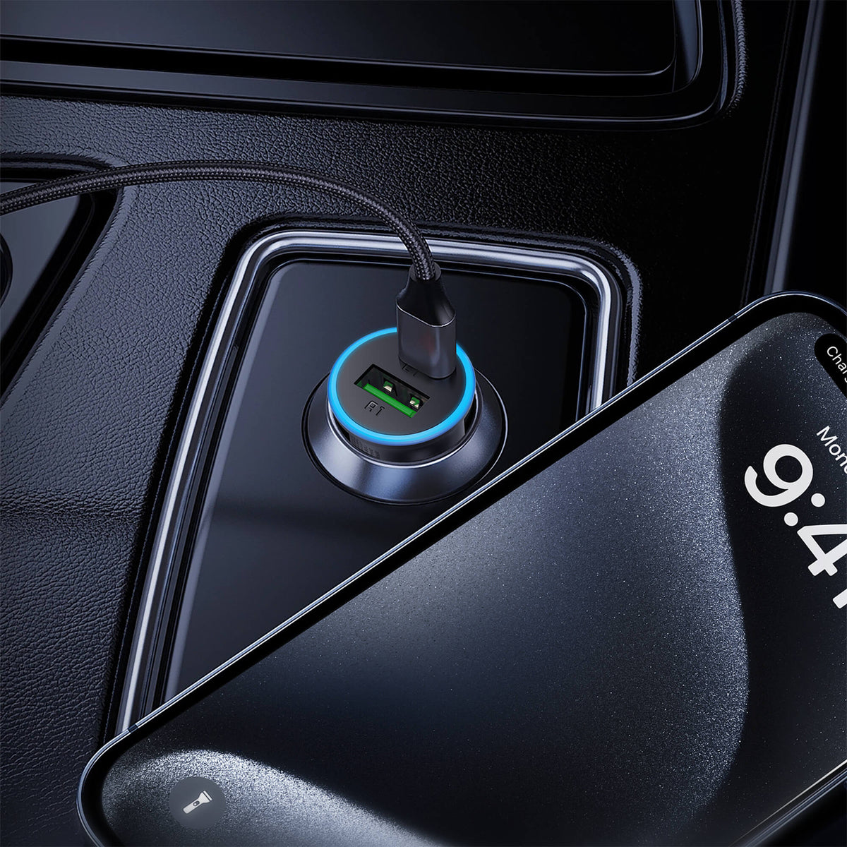 Acefast PD 65W USB-A & Type-C Fast Car Charger with LED Ring Light B15