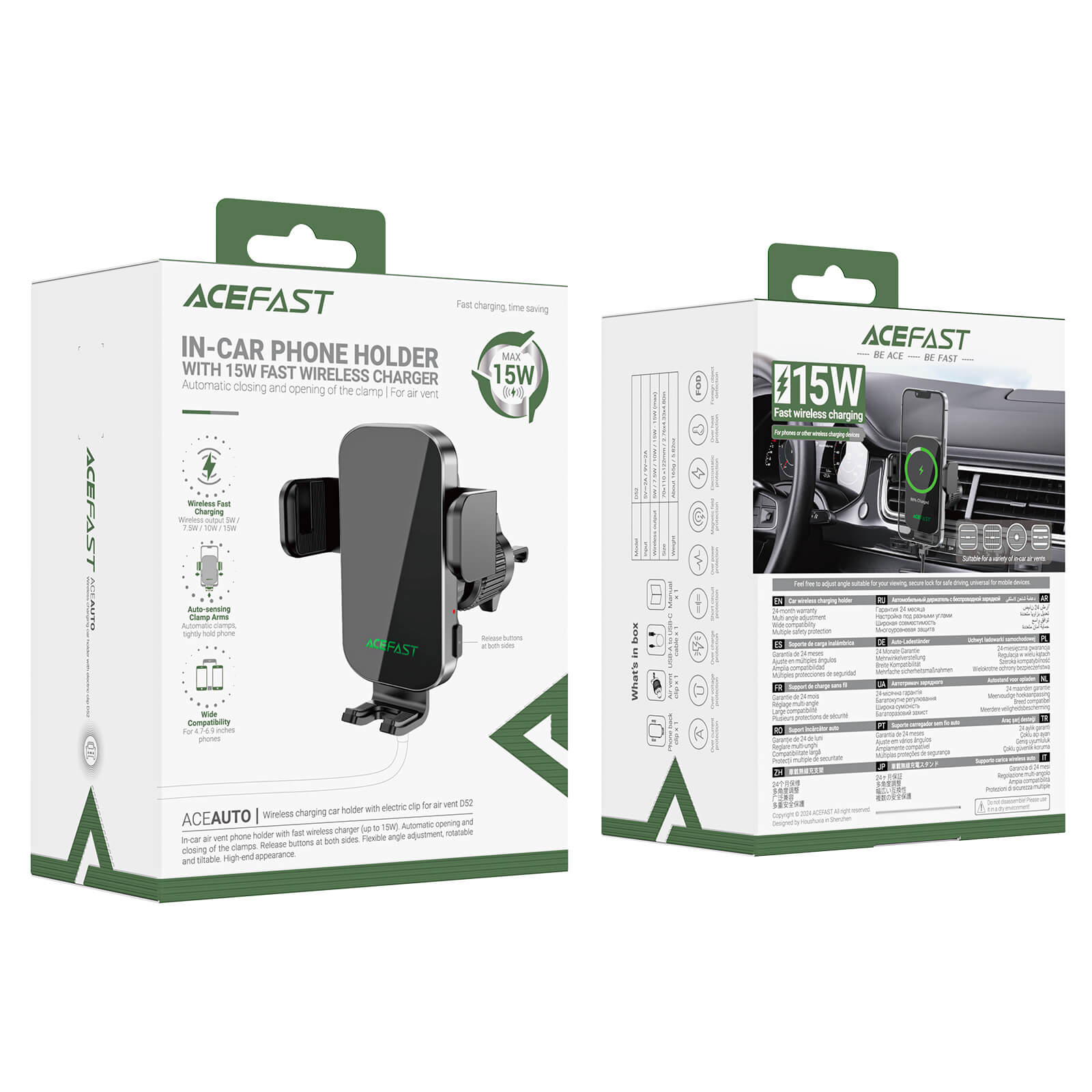 Acefast Auto-Clamping 15W Wireless Charging Car Phone Holder D52