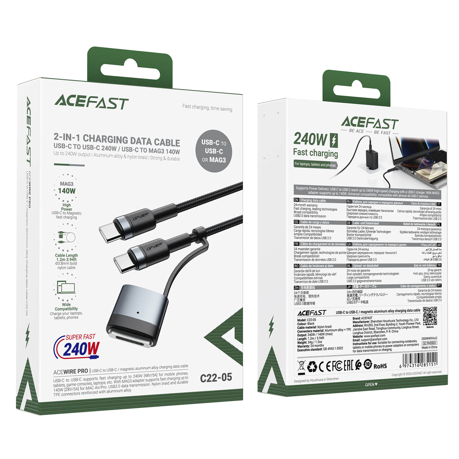 Acefast Type-C to Magsafe 3 & Type-C 240W Fast Charging Cable 1.2m C22-05