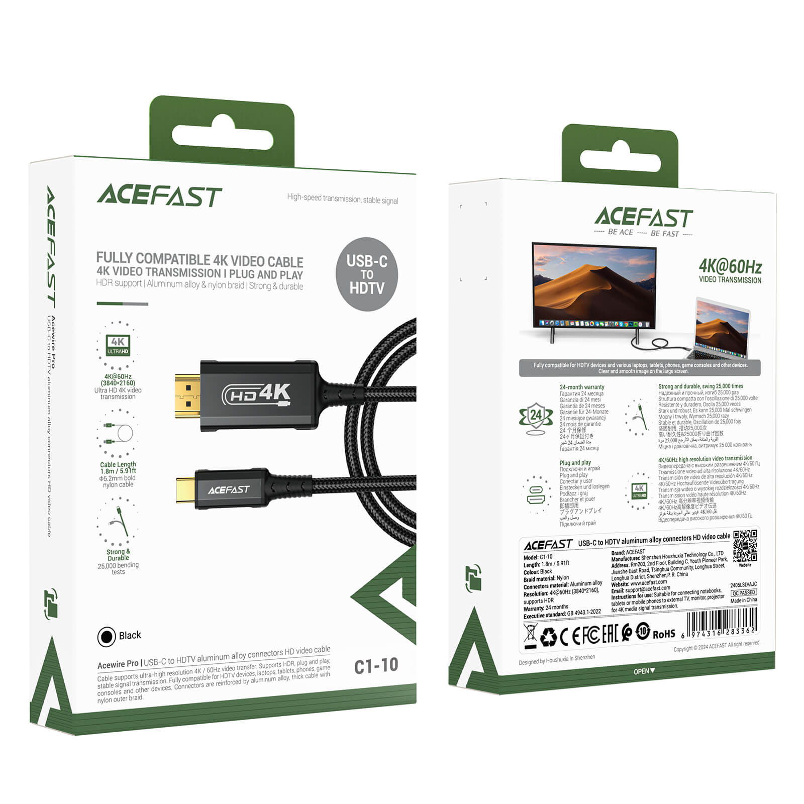 Acefast Gaming & Streaming Ultra HD Type-C to HDMI 4K Adapter Cable 1.8m