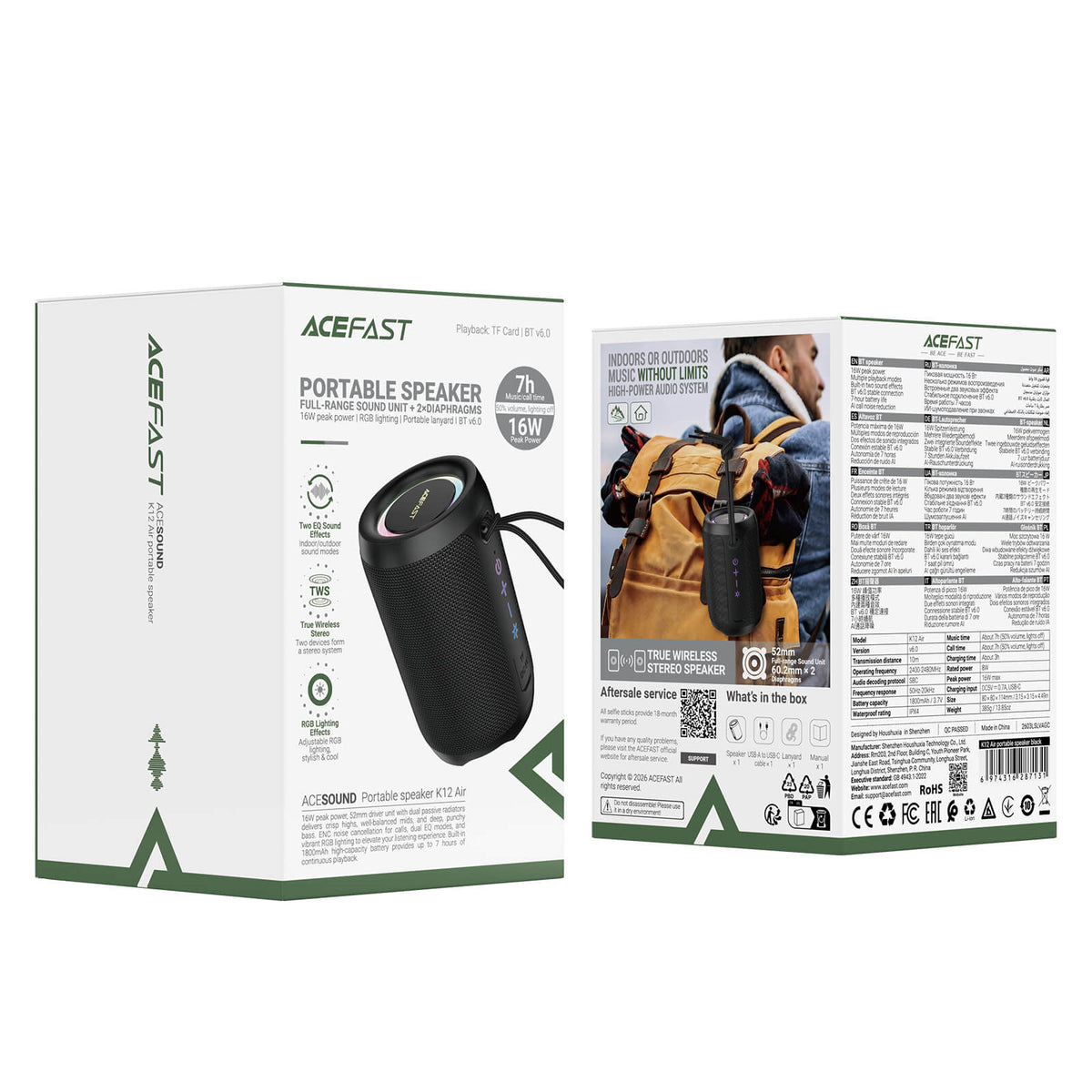 Acefast 1800mAh IPX4 Waterproof Dual EQ Bluetooth 6.0 Speaker K12 Air