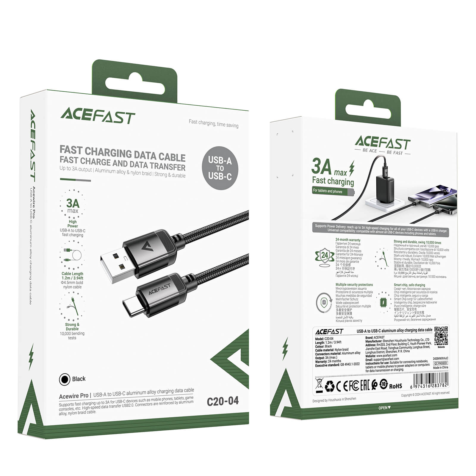 Acefast USB-A to USB-C 3A Fast Charging Aluminum Alloy Braided Data Cable 1.2m
