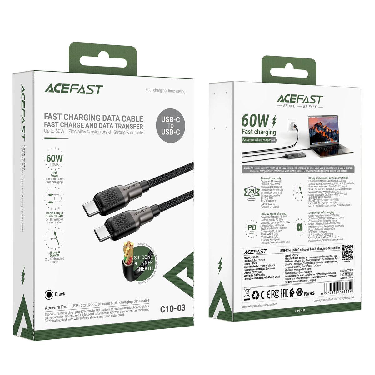 Acefast USB-C to USB-C 60W Fast Charging Silicone Zinc Alloy Data Cable 1.2m C10-03