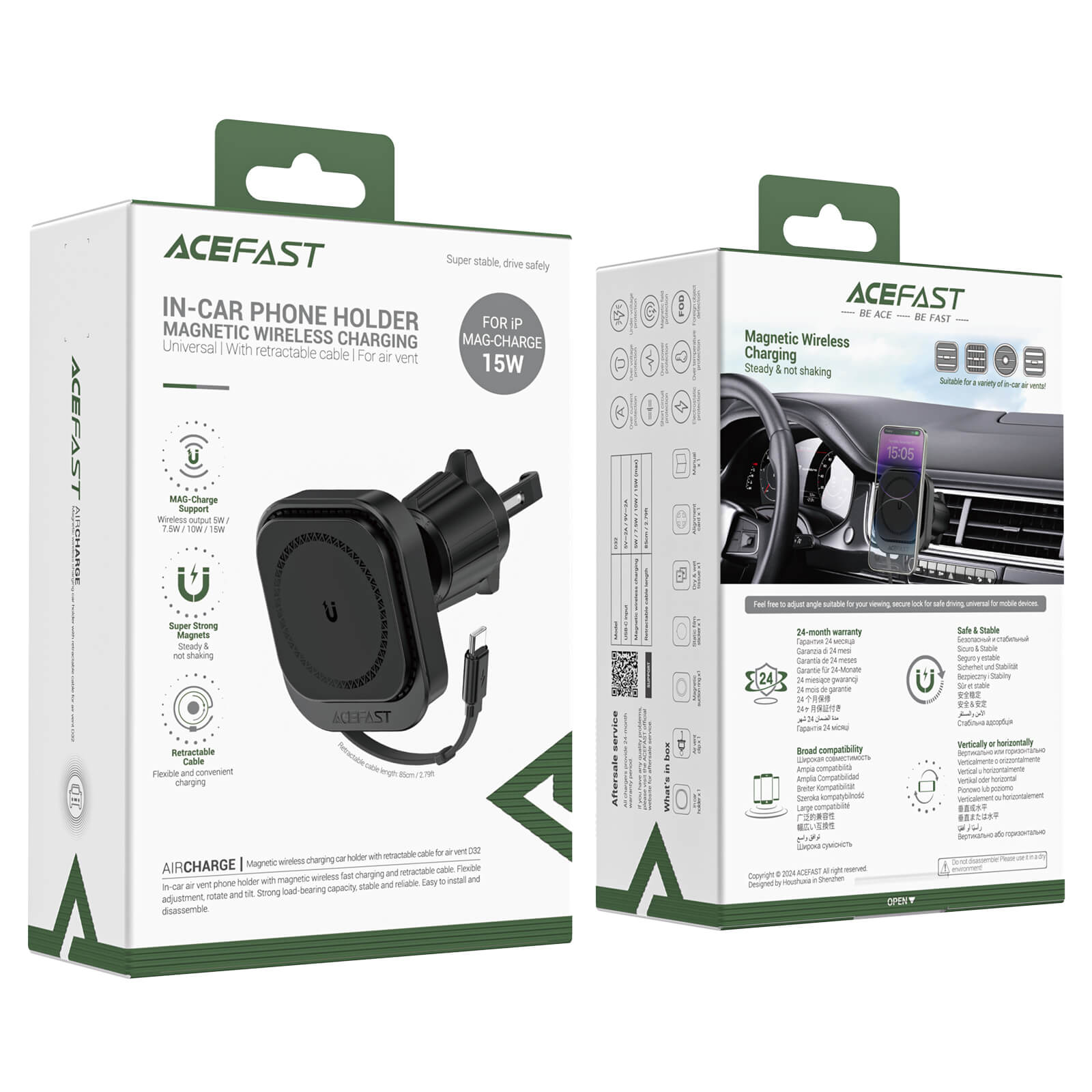 Acefast Magnetic 15W Wireless Car Charging Holder With Retractable Type-C Cable D32
