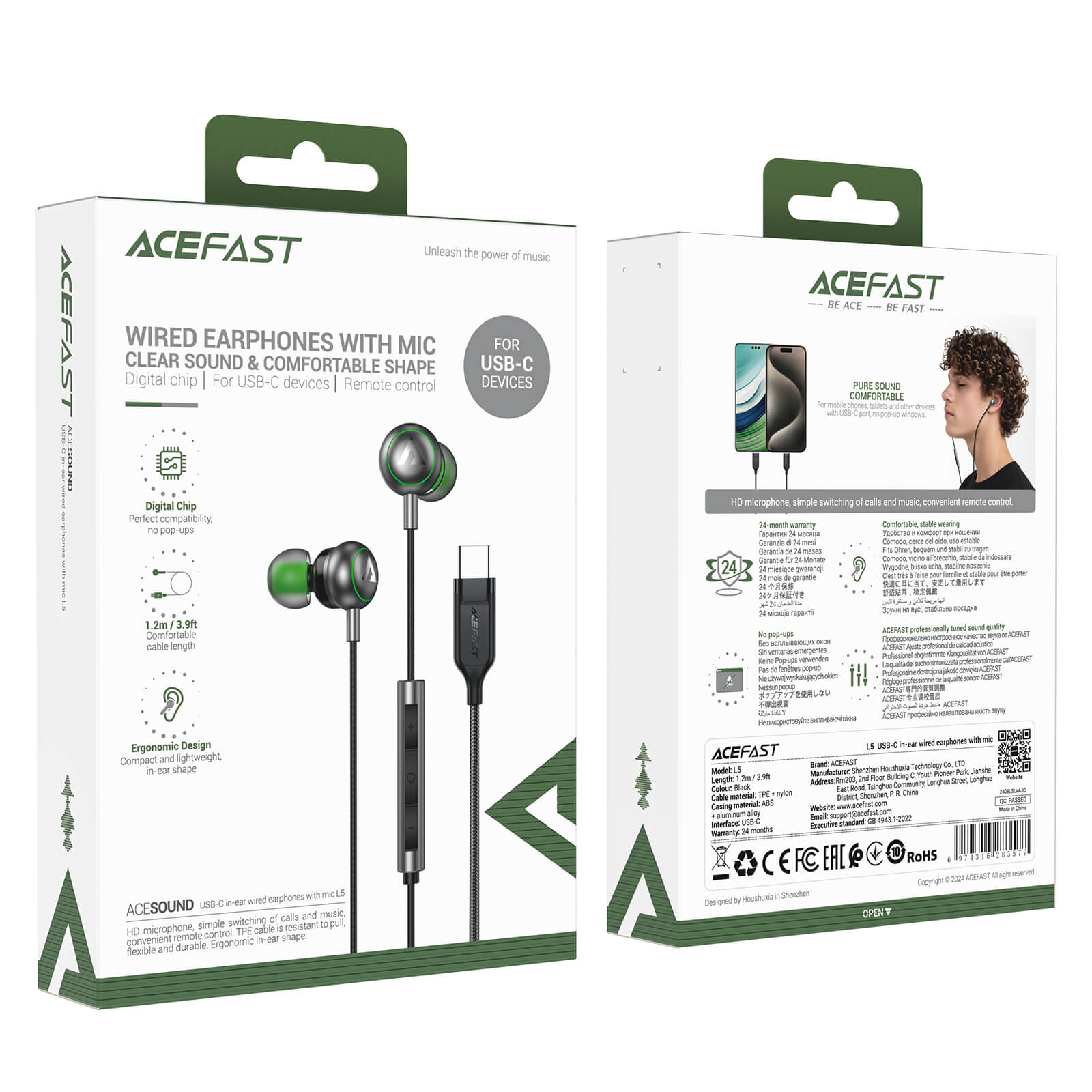 Acefast USB-C Lightweight Noise-Canceling Microphone Wired Earphones L5
