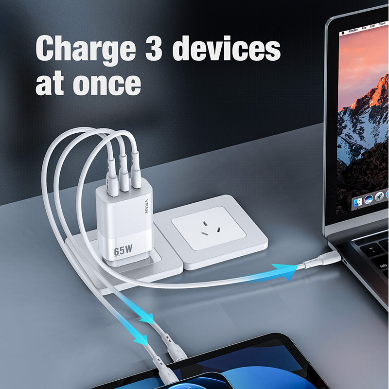 VFAN USB A+C PD 65W 3-in-1 GaN Ultra Fast Charger Plug MacBook Available AU7