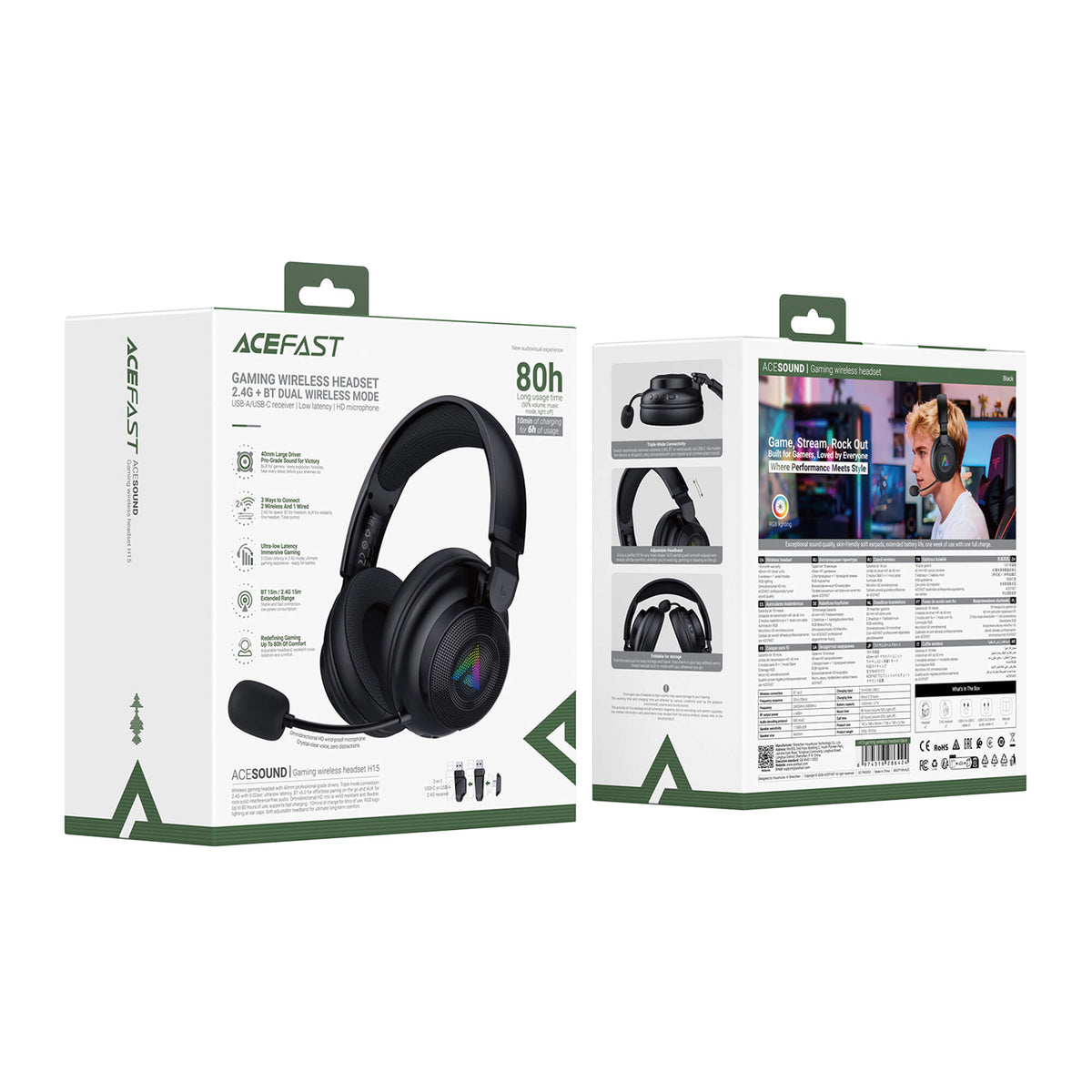 Acefast Bluetooth 6.0 1000mAh 80H Battery Low Latency RGB IPX4 Gaming Headset H15