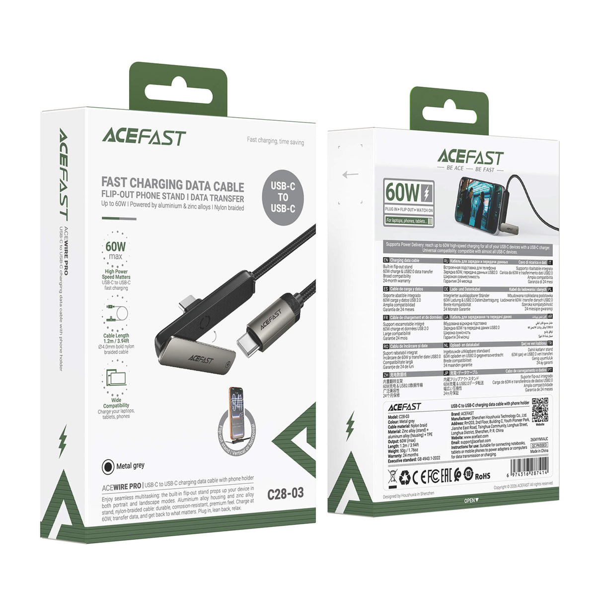 Acefast 60W Type-C to Type-C Fast Charing Cable with Foldable Stand 1.2M C28-03