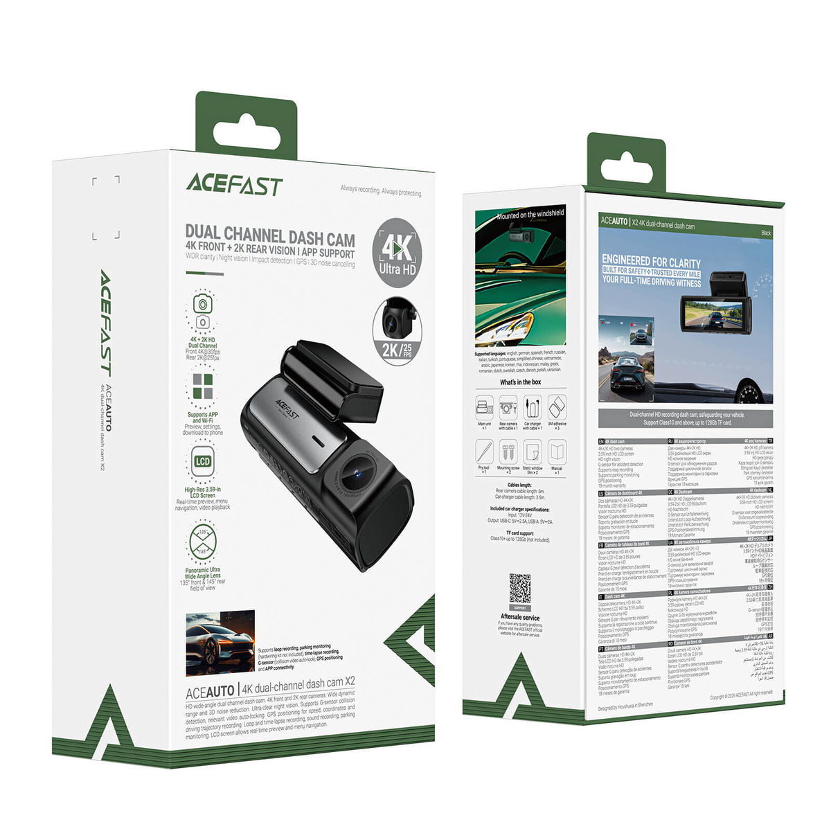 Acefast Front 4K Rear 2K WiFi GPS Parking Mode Night Vision Loop Recording Dash Camera X2