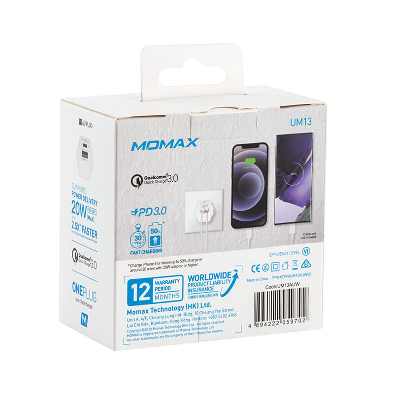 Momax 20W QC3.0+USB-C PD Wall Charger Dual Output USB-C PD & USB-A UM13