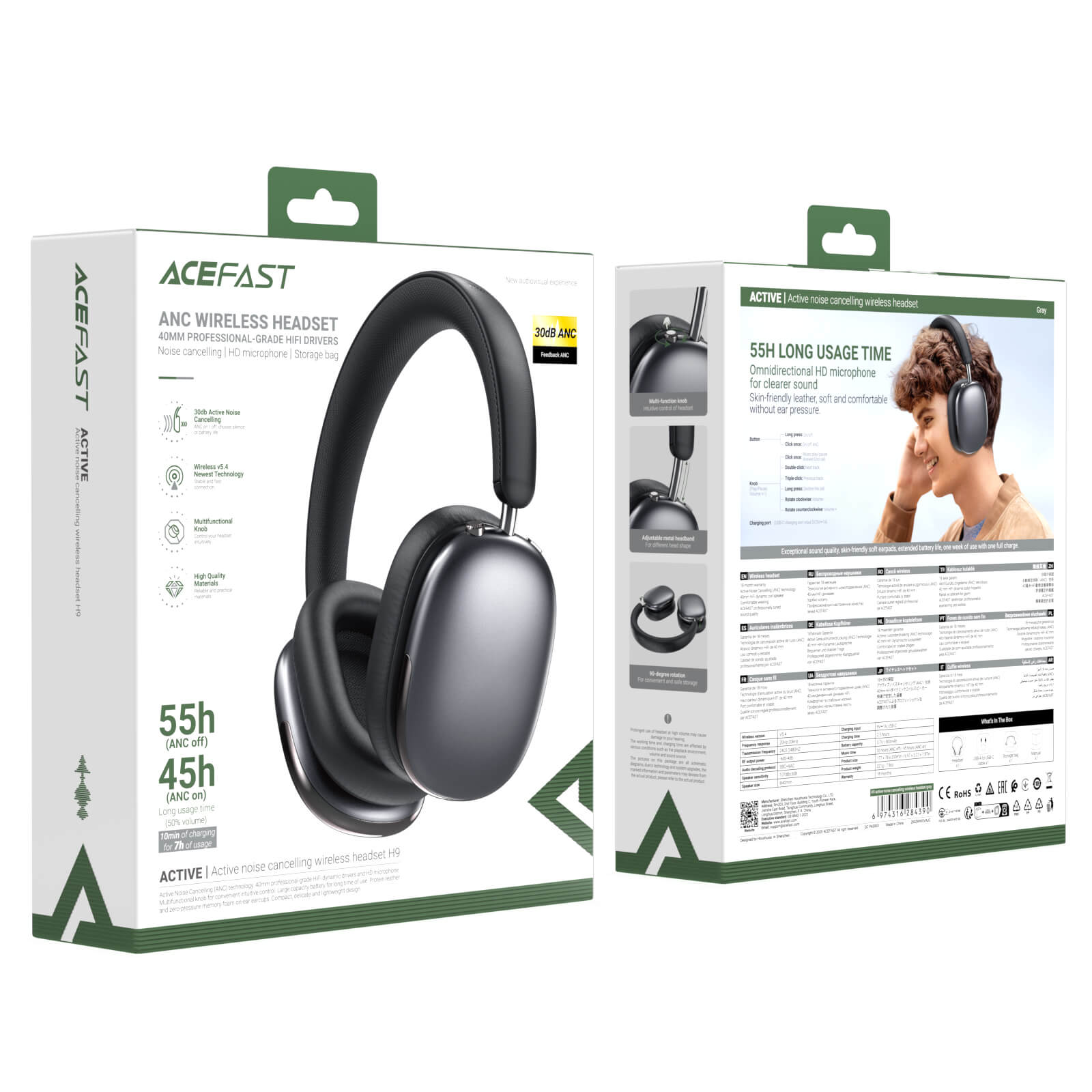 Acefast 55 Hour Playtime Hybrid ANC 30dB Noise Cancelling Wireless Headphones H9