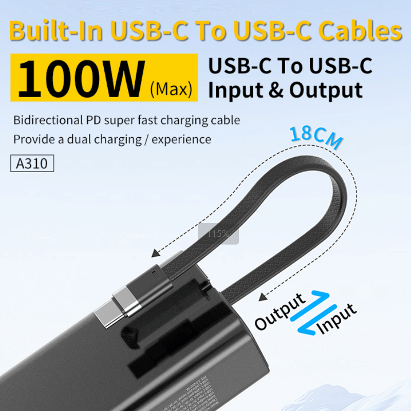 Mobie Fast Charging 100W Built-in USB-C Cable 10000mAh Power Bank A310