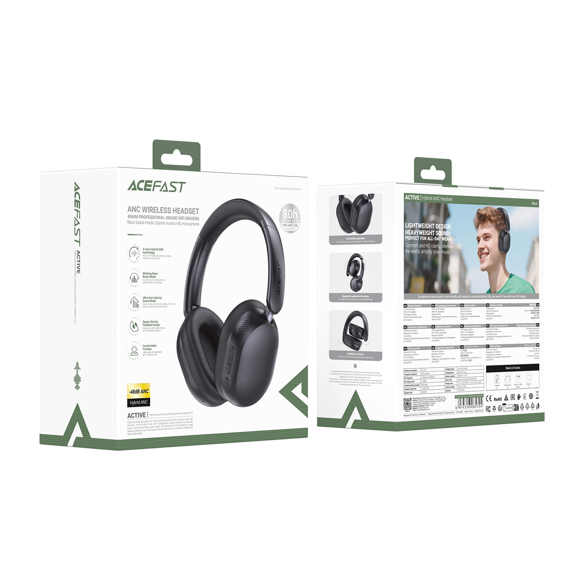 Acefast Hybrid ANC Bluetooth Headphones 80H Playback 48dB Noise Cancelling H12