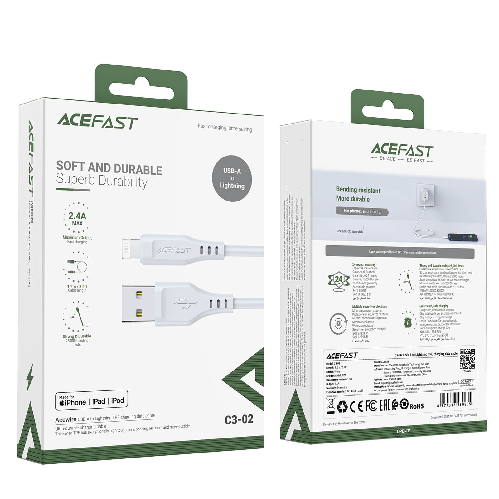 Acefast USB to Lightning Fast Charging Cable 2.4A 1.2m