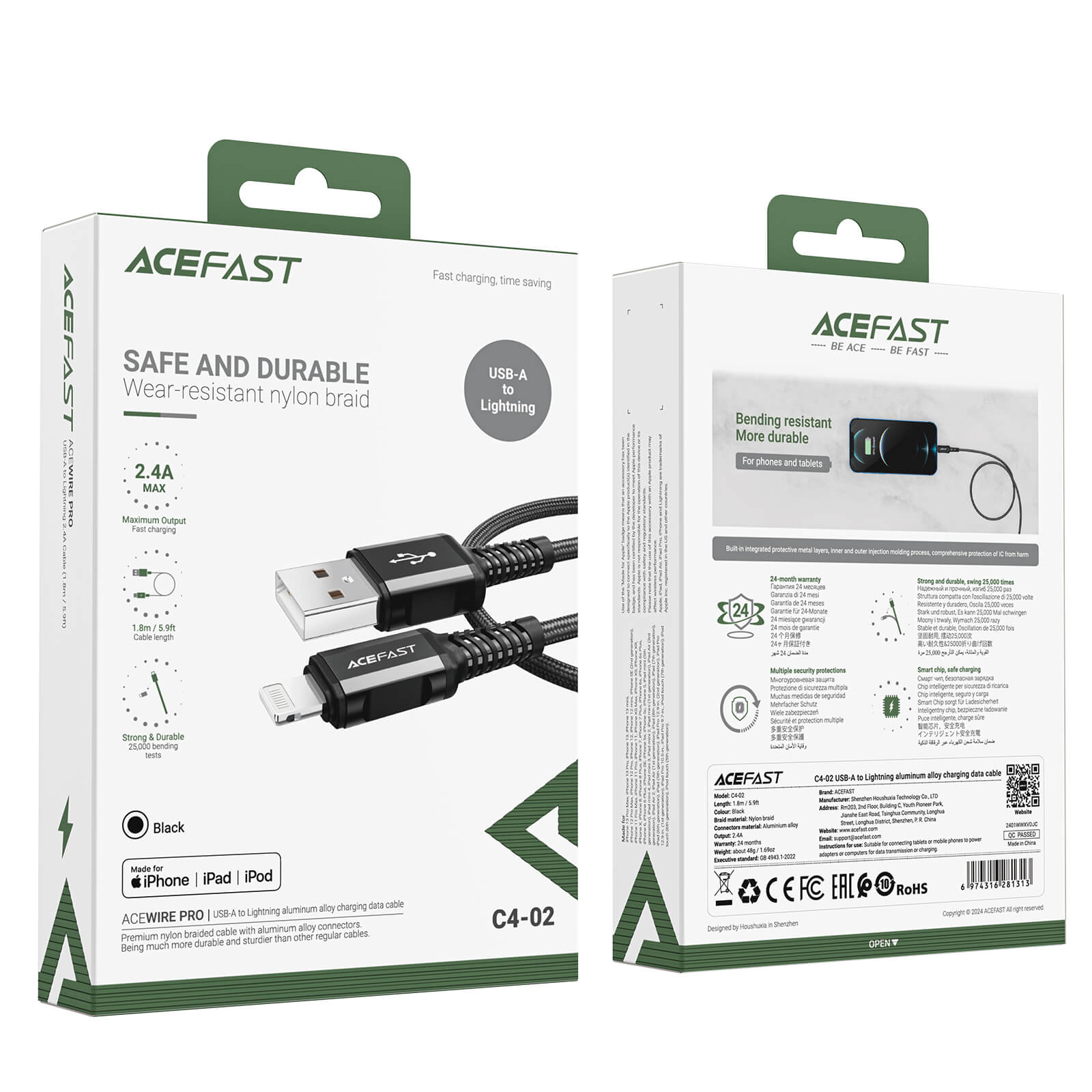 Acefast USB to Lightning Braid Charging Cable 2.4A 1.8m